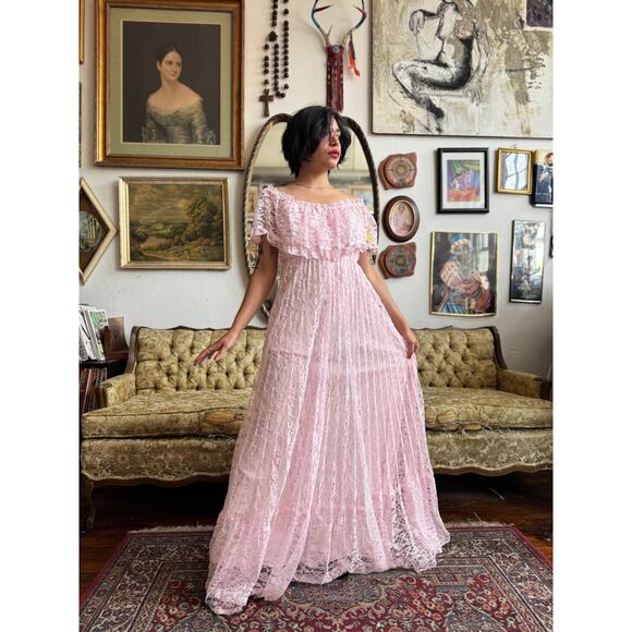 80s Pink Lace Off the Shoulder Floral Maxi Dress Size Small by Witch and Wolf - Picture 4 of 14